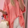 Fresh Salmon Rolled Cuffs Loose Knit Tee With Slits