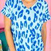 Sky Blue Leopard Printed V Neck Plus Size T Shirt