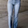 Light Blue Fly Button Exposed Seam Patched Pocket Flare Jeans