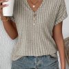 Parchment Wide Ribbed Notched V Neck Button Decor T Shirt