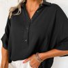 Black Collared Half Buttons Folded Short Sleeve Oversize Top