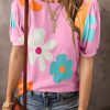 Pink Flower Print Bubble Sleeve Tee