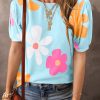 Sky Blue Flower Print Bubble Sleeve Tee