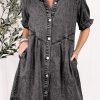 Medium Grey Mineral Wash Ruffled Short Sleeve Buttoned Denim Dress