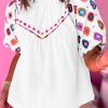 White Embroidered Smocked Neck Puff Sleeve Top