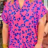 Rose Contrast Leopard Print Plus Size V Neck Blouse