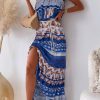 Blue Ethnic Print Ruffle Strapless Tie Waist Maxi Dress