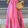 Pink Boho Printed Tasseled Drawstring Ruffled Maxi Skirt