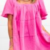 Bright Pink Textured Square Neck Flutter Sleeve Tiered Flowy Blouse