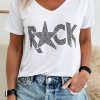 White Rhinestoned ROCK Star Graphic V Neck T Shirt