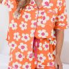 Orange Flower Print Short Sleeve Shirt Pajamas Set