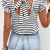 White Stripe Butterfly Sleeve V Neck Hollowed Knot Back T Shirt