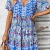 Sky Blue Bohemian Print Tie Neck Ruffle Hem Short Dress