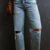 Light Blue Distressed Ripped Raw Hem Straight Jeans