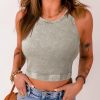 Light Grey Ribbed Mineral Wash Racerback Cropped Tank Top