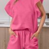 Bonbon Textured Ruffled Sleeve Tee And Drawstring Shorts Set