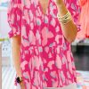 Rose Abstract Print Smocked Puff Sleeve V Neck Blouse