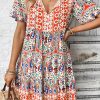 Orange Bohemian Print Tie Neck Ruffle Hem Short Dress