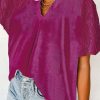 Bright Pink Pleated Bubble Short Sleeve V Neck Velvet Top