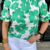 Green Floral Puff Sleeve Frill Neckline Blouse