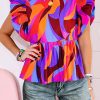 Orange Abstract Print Flutter Sleeve Peplum Blouse