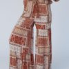 Brown Boho Aztec Print Tiered Palazzo Pants