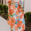 Orange Plus Size Flower Print Shirred Square Neck Maxi Dress