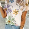 Beige Summer Flower Print Casual Round Neck T Shirt