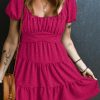 Rose Red Swiss Dot Jacquard Puff Sleeve Crossover Tied Tiered Dress