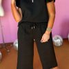 Black Plus Ruffled Sleeve Quarter Zip Top Wide Leg Pants Set