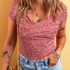 Red Wrapped V Neck Short Sleeve Floral Bodysuit