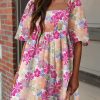 Rose Summer Floral Square Neck Puff Sleeve Babydoll Dress