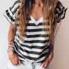 Black Striped V Neck Ruffle Sleeve Top