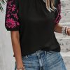 Black Floral Embroidered Textured Puff Sleeve T Shirt