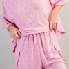 Pink Floral Textured Short Sleeve Top And Shorts Lounge Set