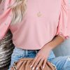 Light Pink Rhinestone Pearl Puff Half Sleeve Top