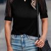 Black Striped Mesh Sleeve Crew Neck Ribbed T Shirt