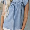 Beau Blue Frilly Pleated Button Back Retro Chambray Top