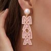 Apricot Pink MAMA Rhinestone Pearl Dangle Stud Earrings