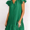 Blackish Green Flutter Sleeve Ruffled Textured Shift Dress