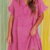 Strawberry Pink Mineral Wash Crinkle Split Neck Raw Hem Tiered Dress