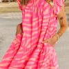 Pink Zebra Stripe Printed Ruffle Trim Pocketed Dress