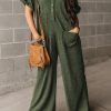 Jungle Green Textured Side Pockets Buttoned Wide Leg Jumpsuit