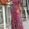 Red V Neck Flutter Sleeve Floral Print Ruffled Maxi Dress