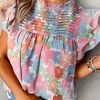 Pink Floral Ruffled Flutter Sleeve Pleated Blouse