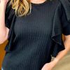 Black Braided Textured Ruffled Sleeve Top