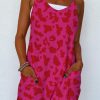 Rose Red Leopard Pocketed V Neck Sleeveless Romper