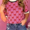 Pink Bow Print Short Sleeve Sweater Top