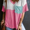 Rose Red Color Block Patch Pocket Corded V Neck Tee