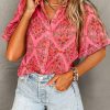 Rose Red Floral Print Wide Short Sleeve Loose Shirt